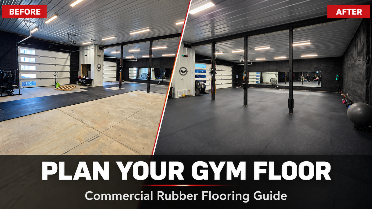 Before and after view of a commercial gym build-out, showing exposed concrete replaced with black interlocking rubber flooring